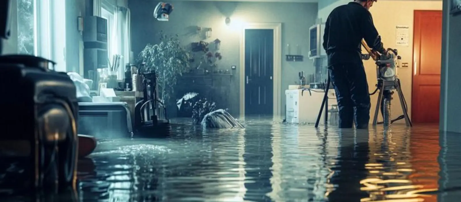 Technician with camera equipment documenting a flooded home interior